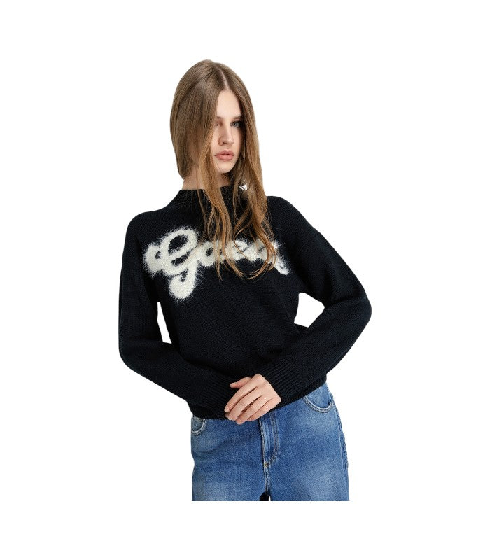 Cropped Knit Pullover With Lurex Logo • Black - Gaëlle Paris