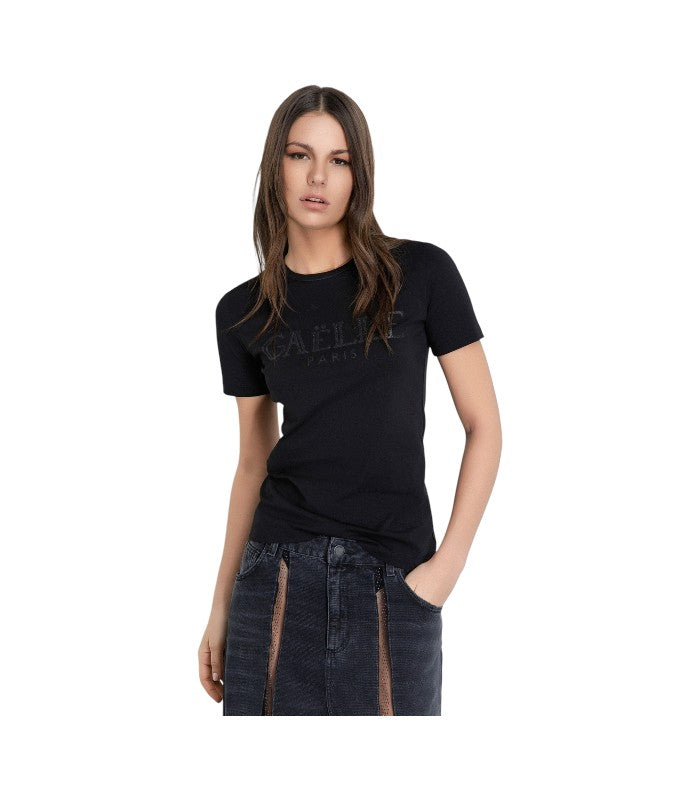 T-Shirt Paricollo Mezza Manica Con Logo Glitter Nero • Nero - Gaëlle Paris