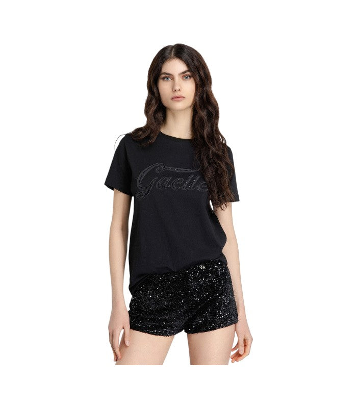 T-Shirt Paricollo Mezza Manica Con Personalizzazione In Ciniglia E Strass Termo Neri • Nero - Gaëlle Paris