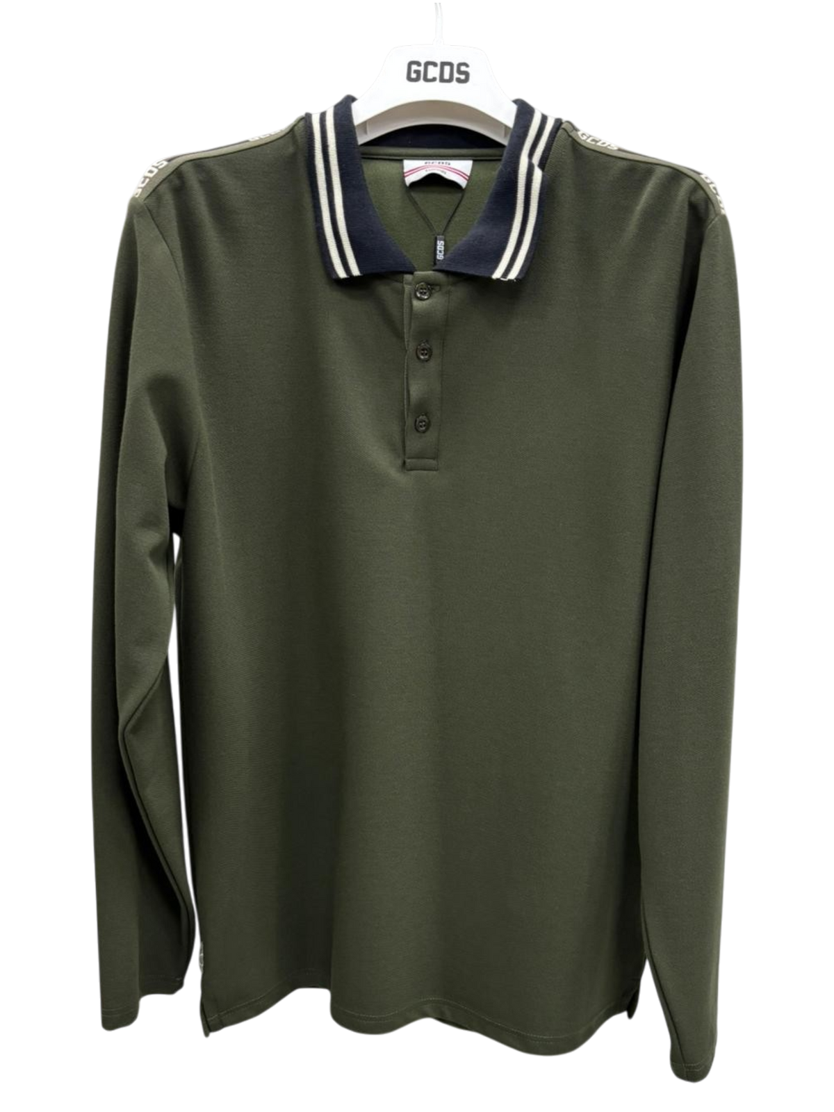 Polo a Manica Lunga GCDS Verde Militare con Dettagli Logo sulle Spalle