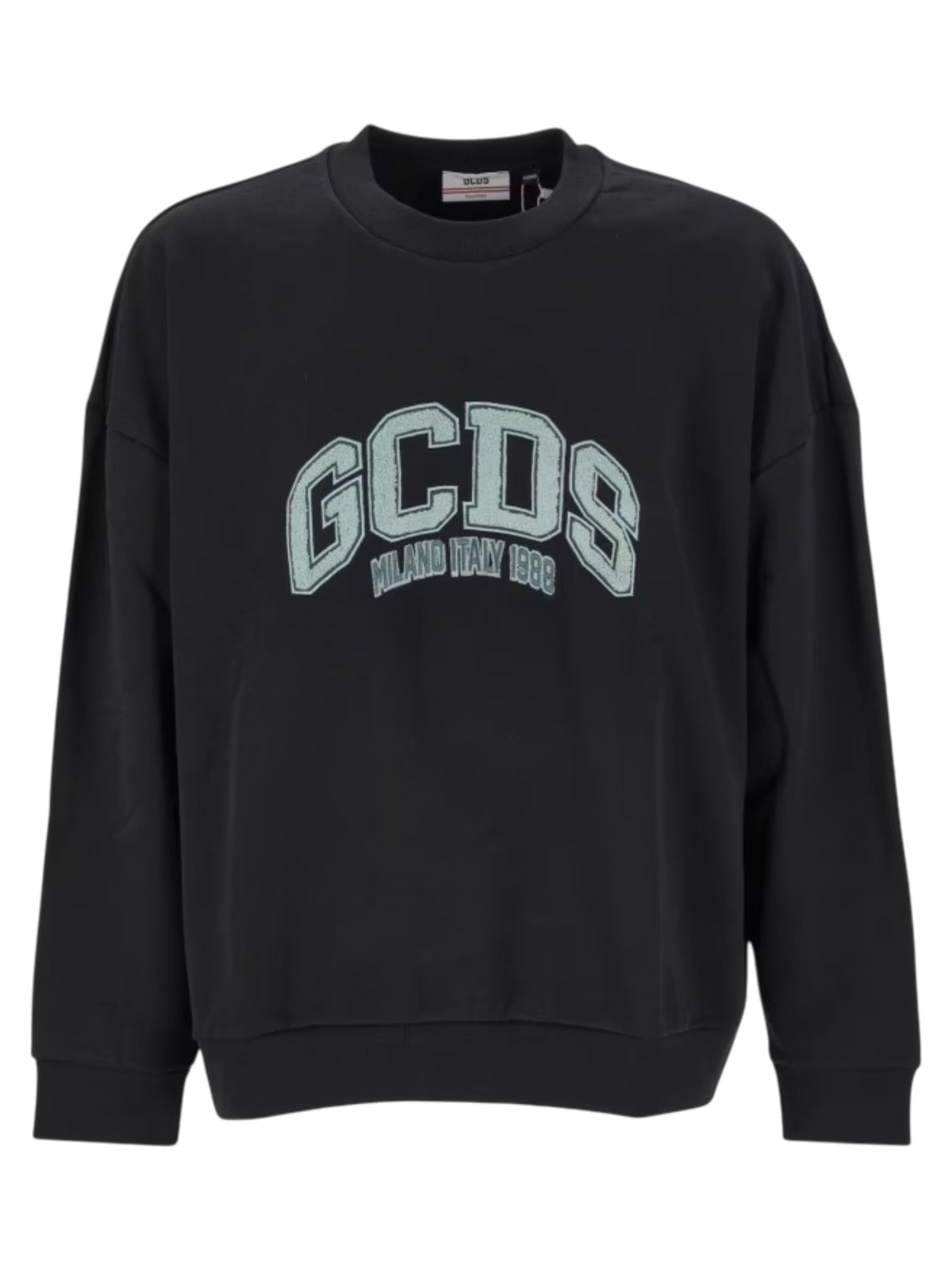 Felpa GCDS Girocollo Oversize Nera con Maxi Logo Varsity e Ricamo "Milano Italy 1988"