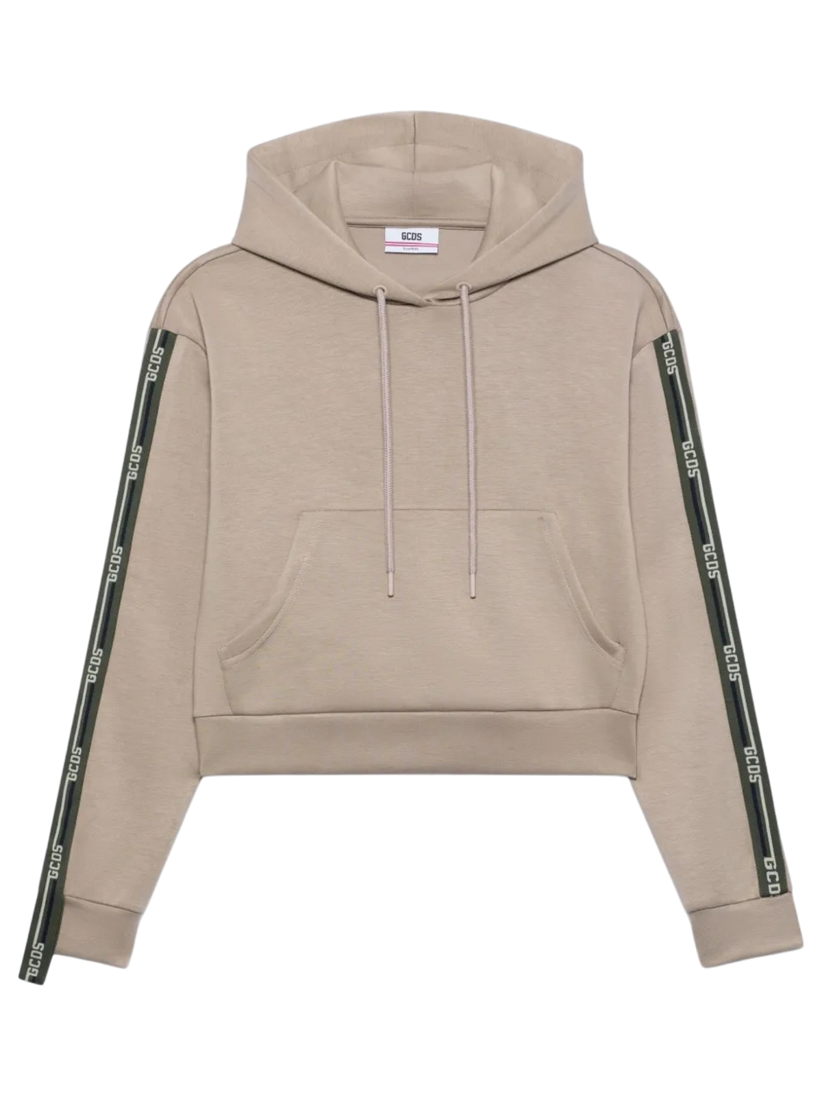 Felpa GCDS Cropped Beige Crema con Cappuccio e Bande Logo sulle Maniche
