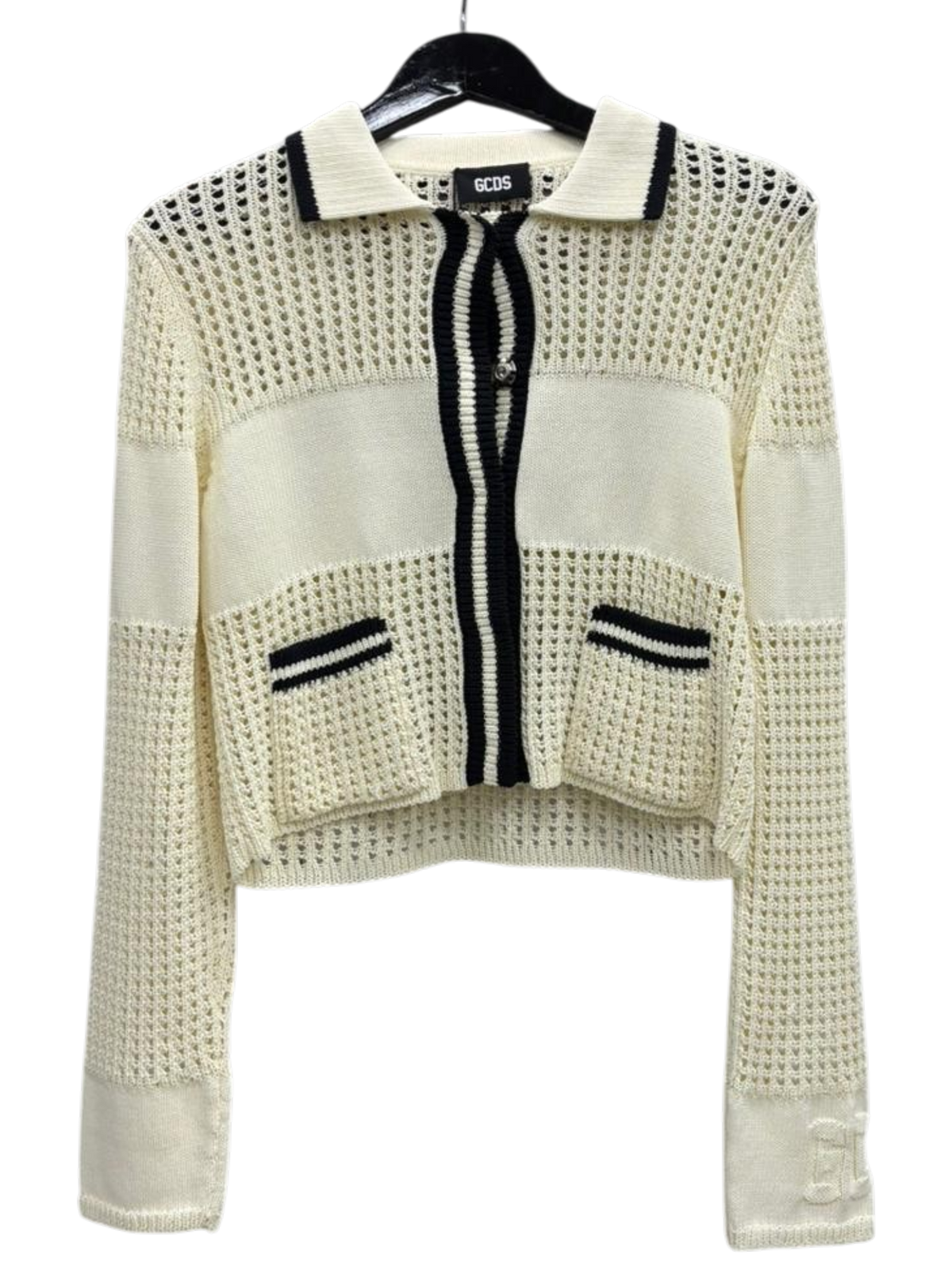Cardigan GCDS Donna in Maglia Crochet Bianco/Crema e Nero