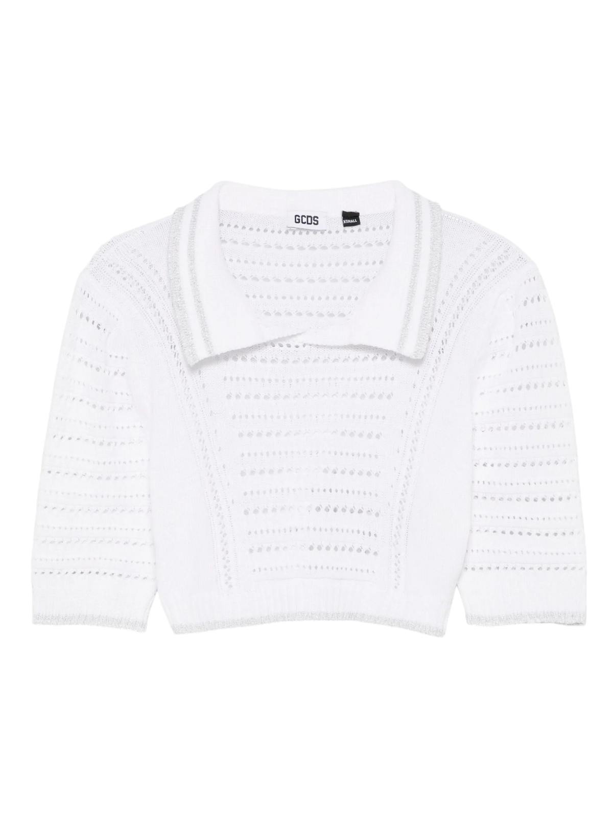 GCDS Polo Cropped in Maglia Traforata con Logo Label - Bianco Ottico