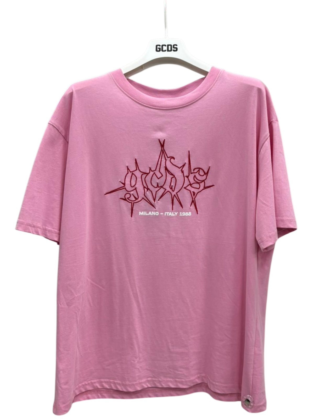 T-Shirt GCDS Oversize Rosa in Cotone con Logo Ricamato Gotico Streetwear