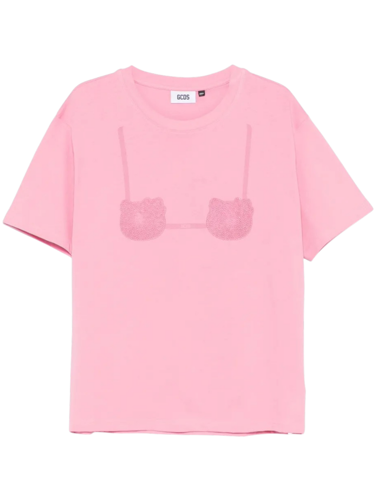 GCDS T-Shirt Boxy Rosa con Reggiseno Strass Hello Kitty