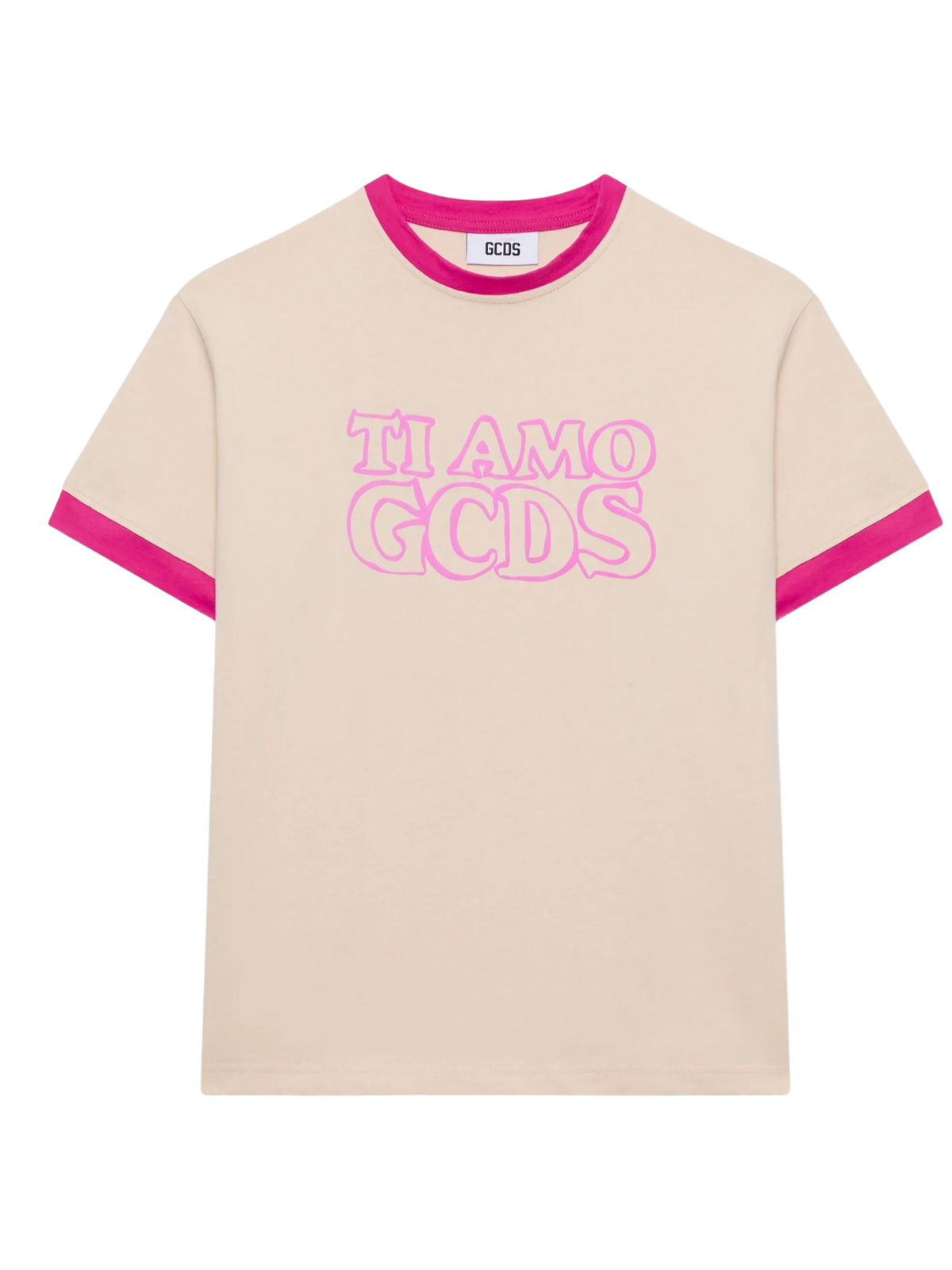 T-Shirt Ringer GCDS "Ti Amo" – Maglia in Cotone Avorio con Bordi Fucsia a Contrasto