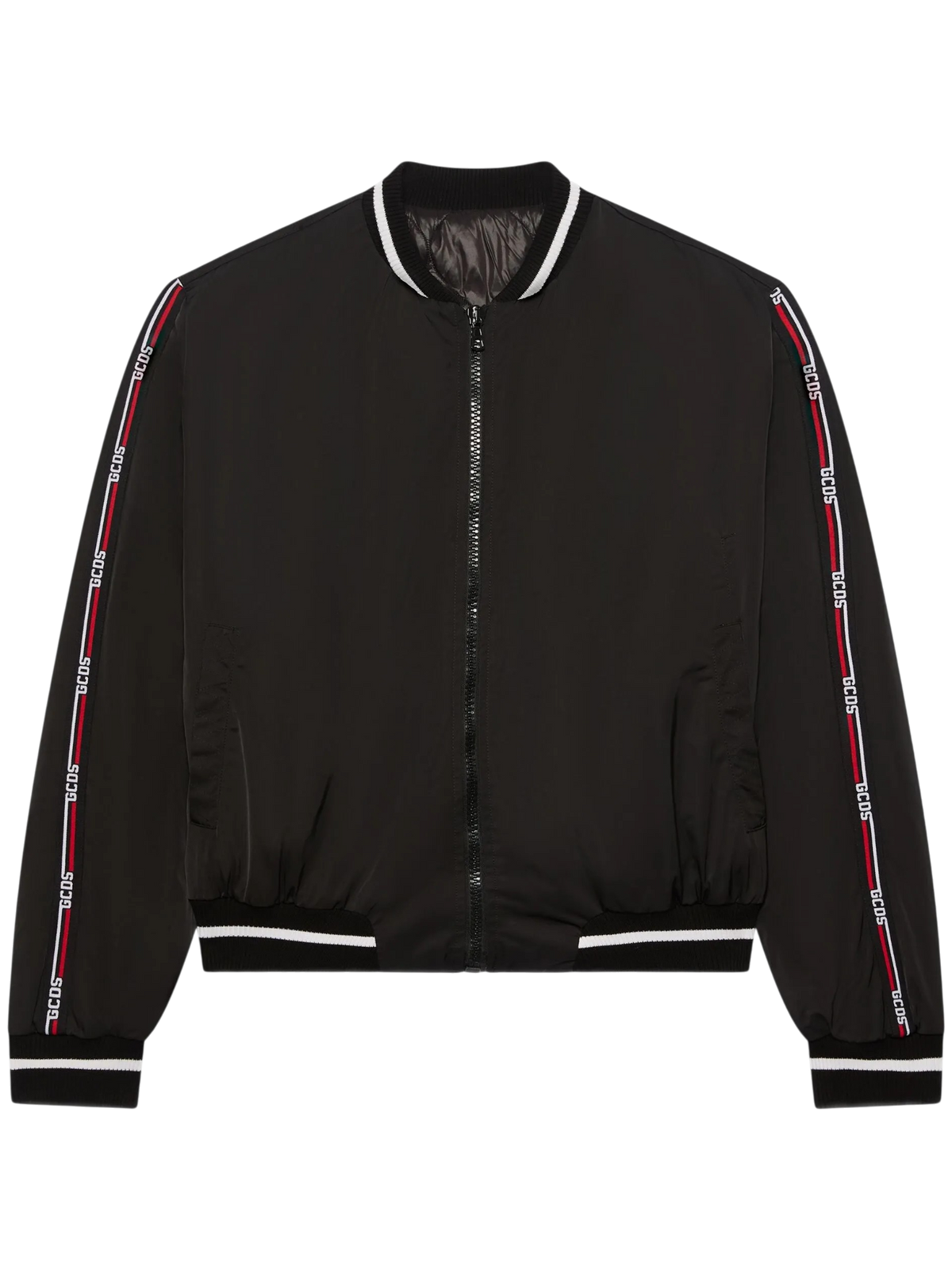 Bomber GCDS in Nylon Nero con Bande Logo Laterali e Dettagli a Costine Bicolore