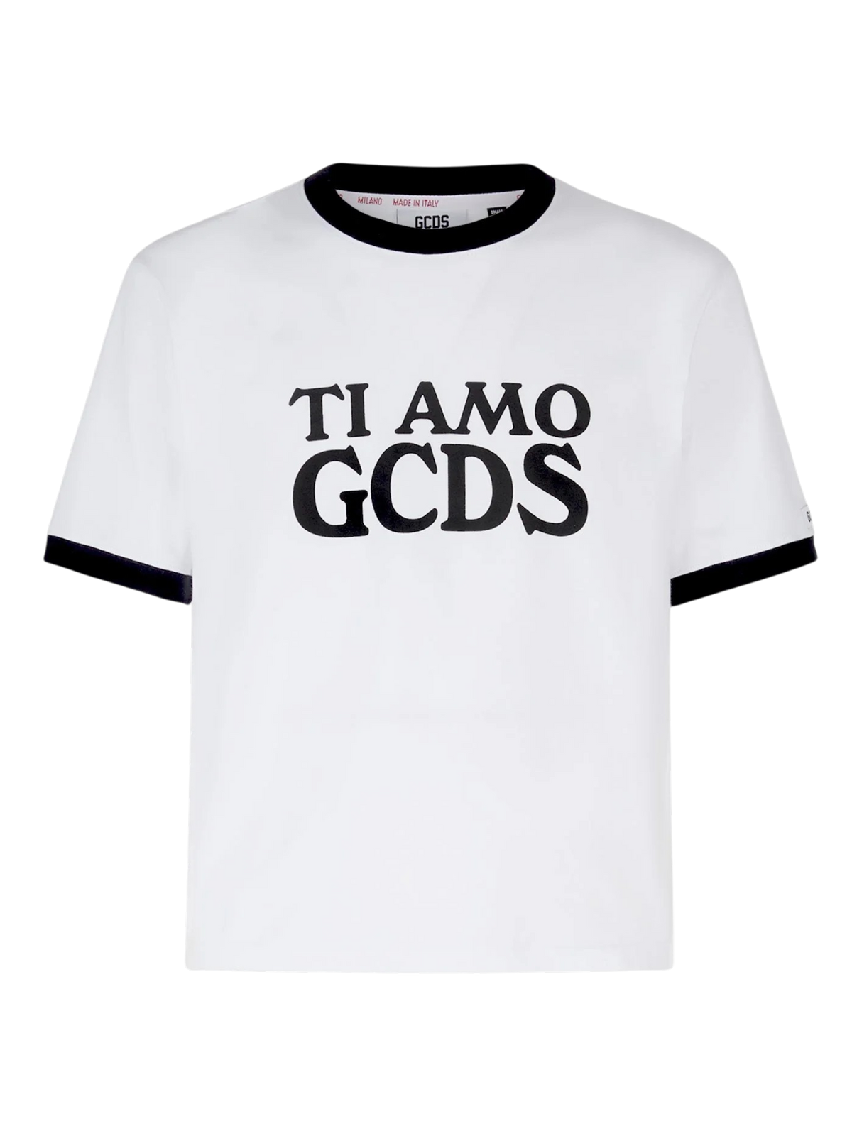 T-Shirt GCDS "Ti Amo" Boxy Fit in Cotone Bianco con Profili Neri a Contrasto