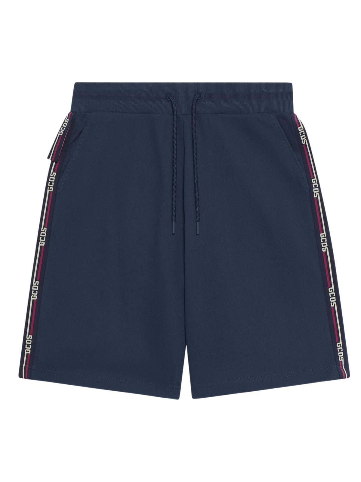 Bermuda GCDS Navy in Felpa Leggera con Bande Laterali Logo Tape Rosse e Bianche