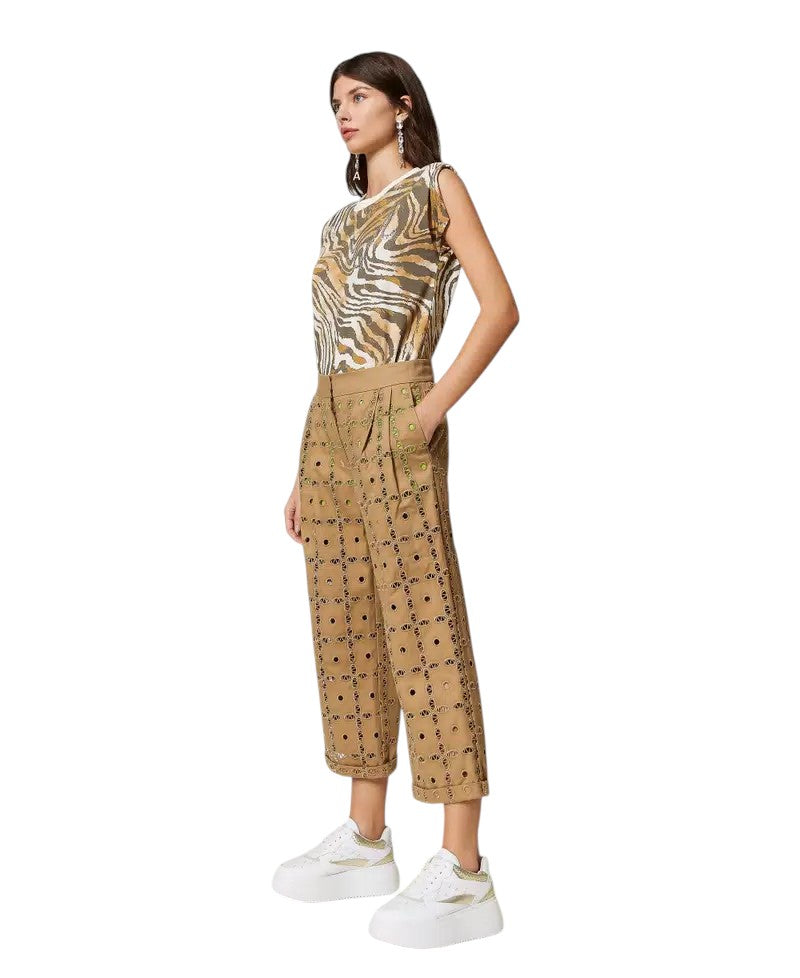Pantaloni cropped in gabardina ricamata Twinset