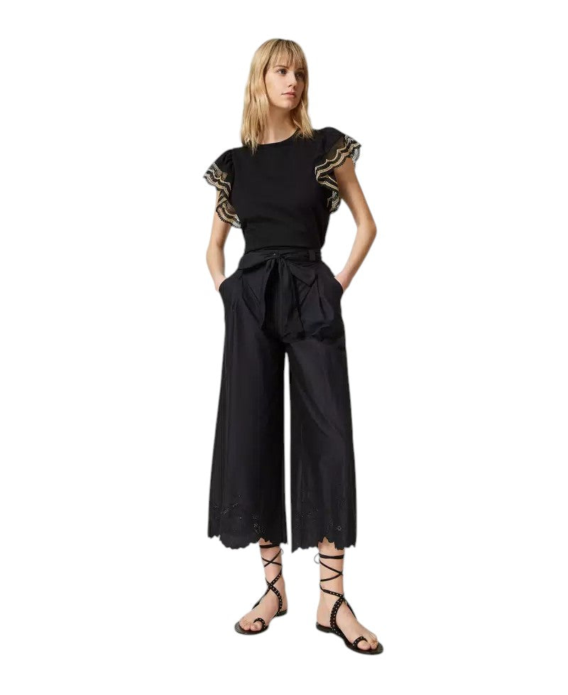 Pantaloni in popeline con ricami sangallo  Twinset