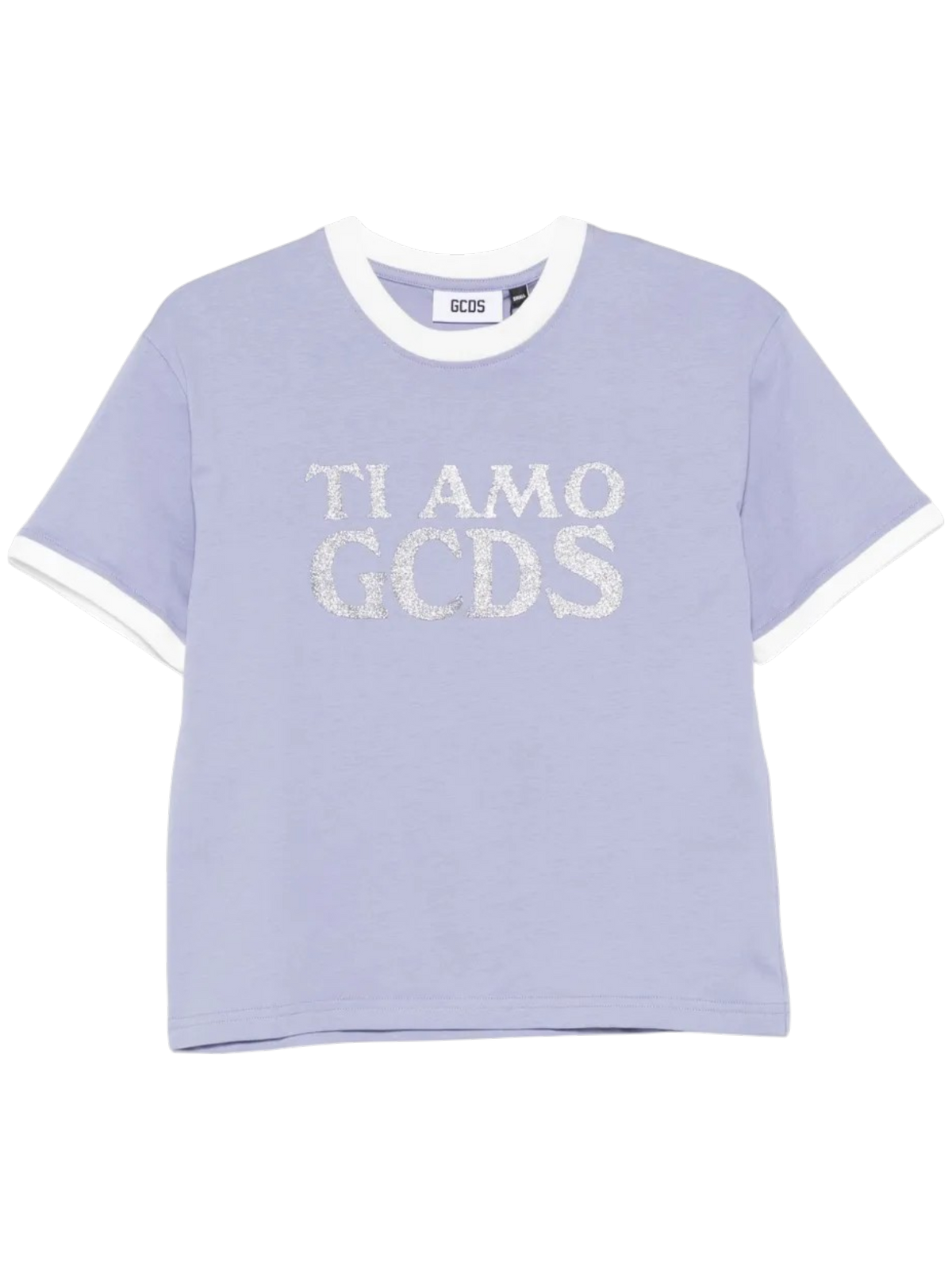 T-shirt Boxy GCDS "Ti Amo GCDS" in Cotone Lilla con Scritta Glitterata