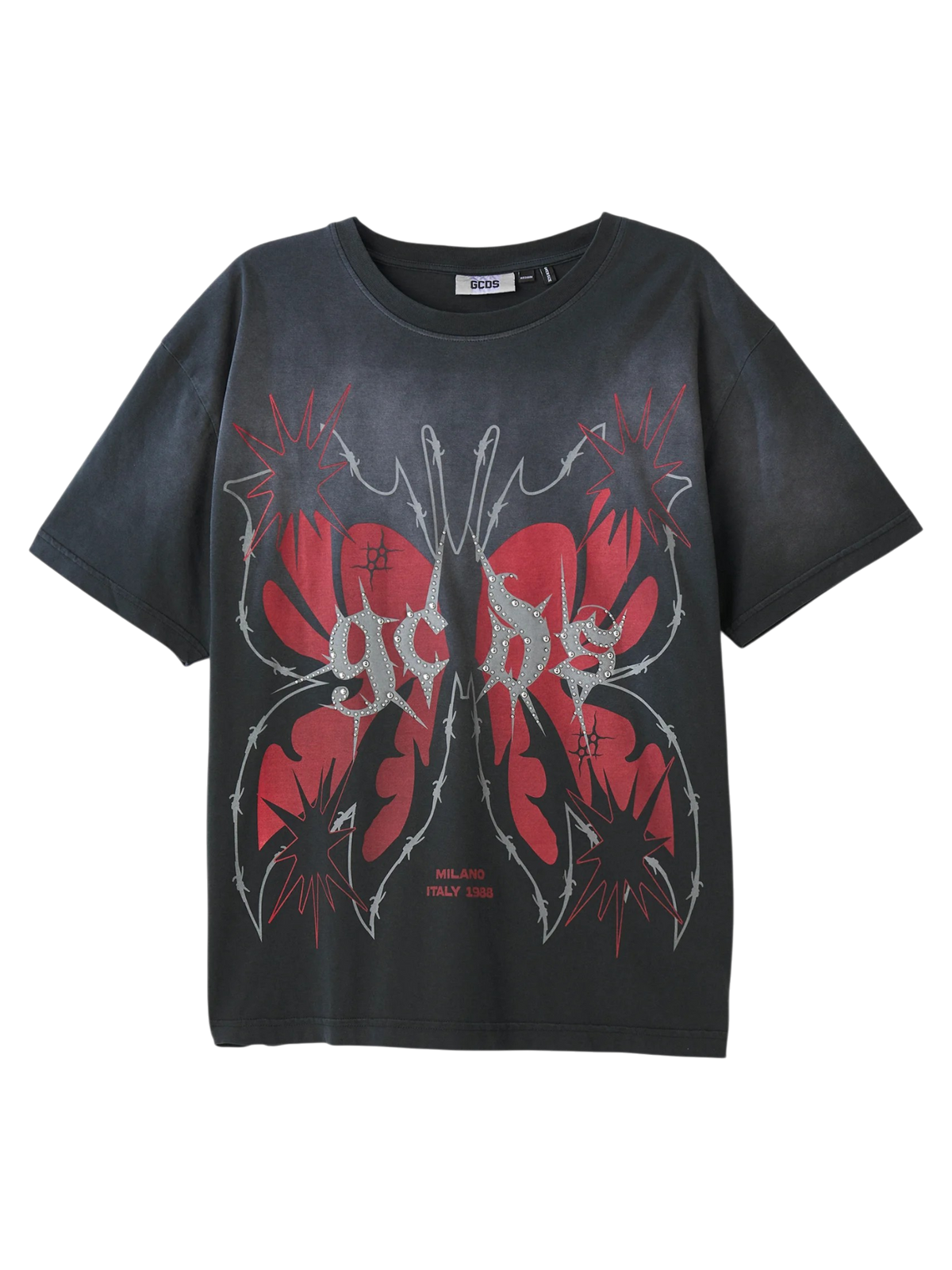 GCDS T-Shirt Oversize Grigio Scuro con Stampa Farfalla