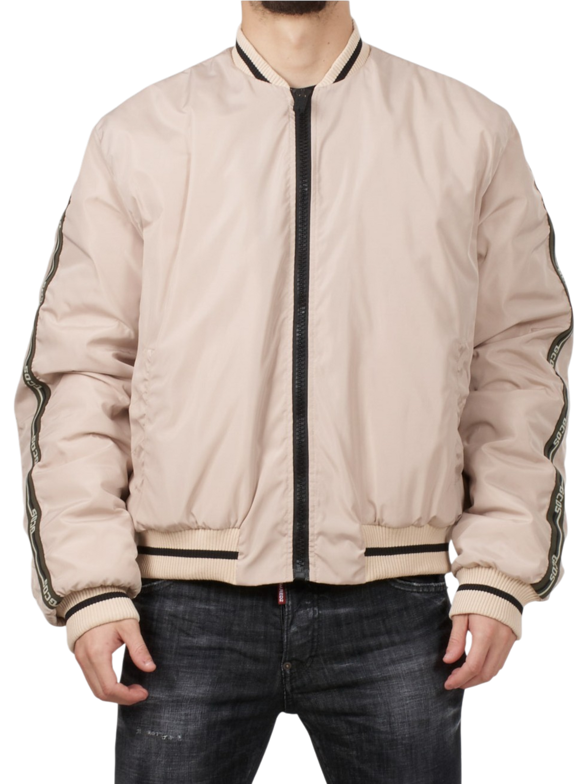Bomber GCDS in Nylon Beige con Bande Logo Laterali e Finiture a Contrasto