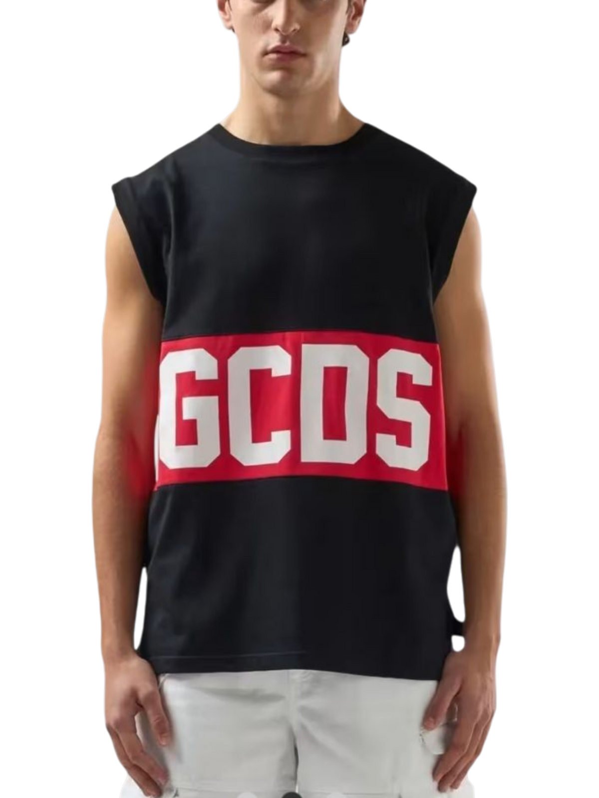 Canotta GCDS in Cotone Nero con Banda Logo Rossa a Contrasto e Taglio Urban