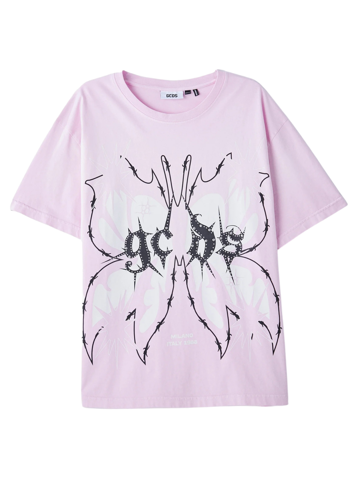 T-Shirt GCDS Pink Butterfly Oversize in Cotone con Grafica Farfalla Gotica Unisex