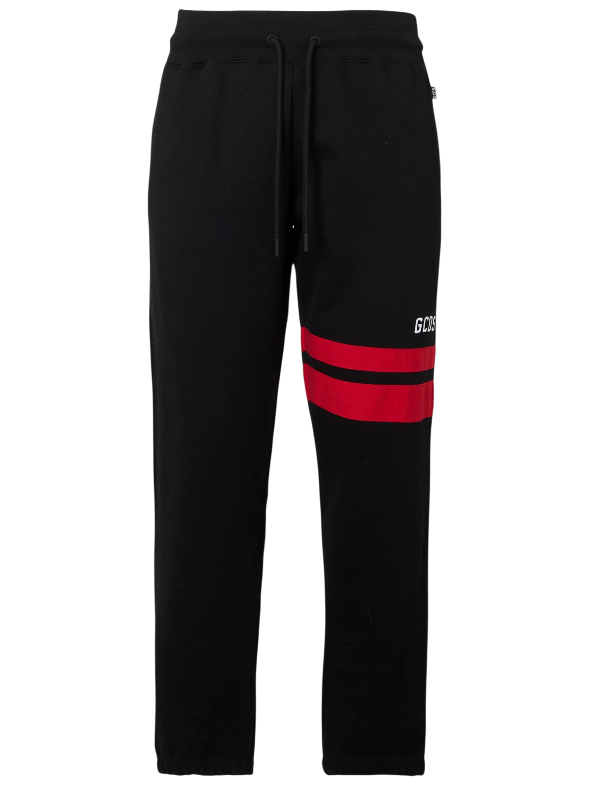 Pantaloni Jogger GCDS in Felpa Nera con Bande Rosse e Logo Bianco a Contrasto