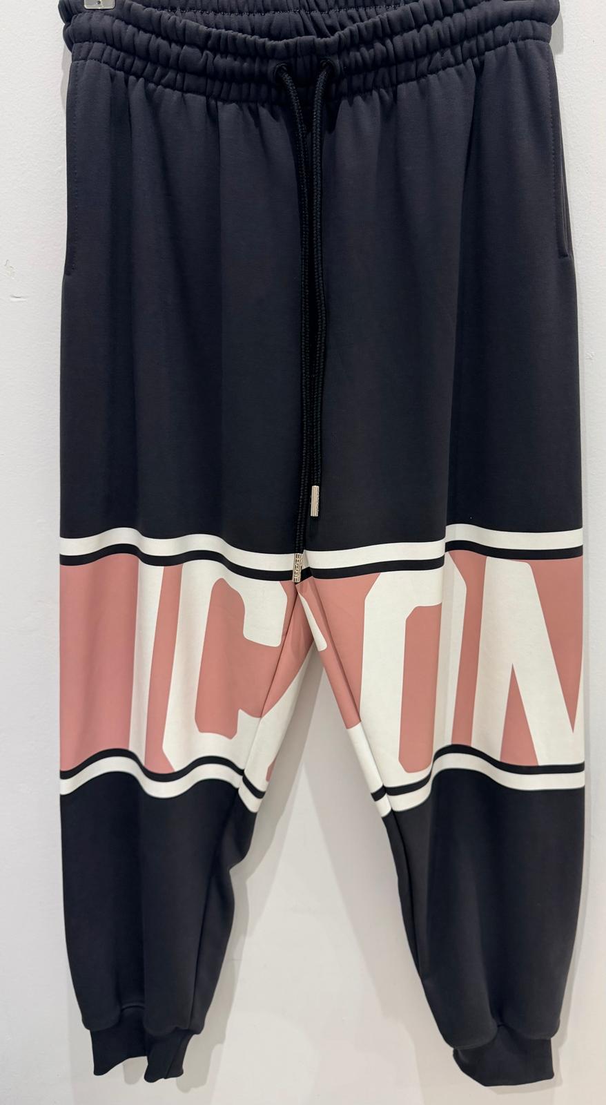 PANTALONI DELLA TUTA GRIGIO SCURO CON BANDA ONDULATA ROSA E BANCA