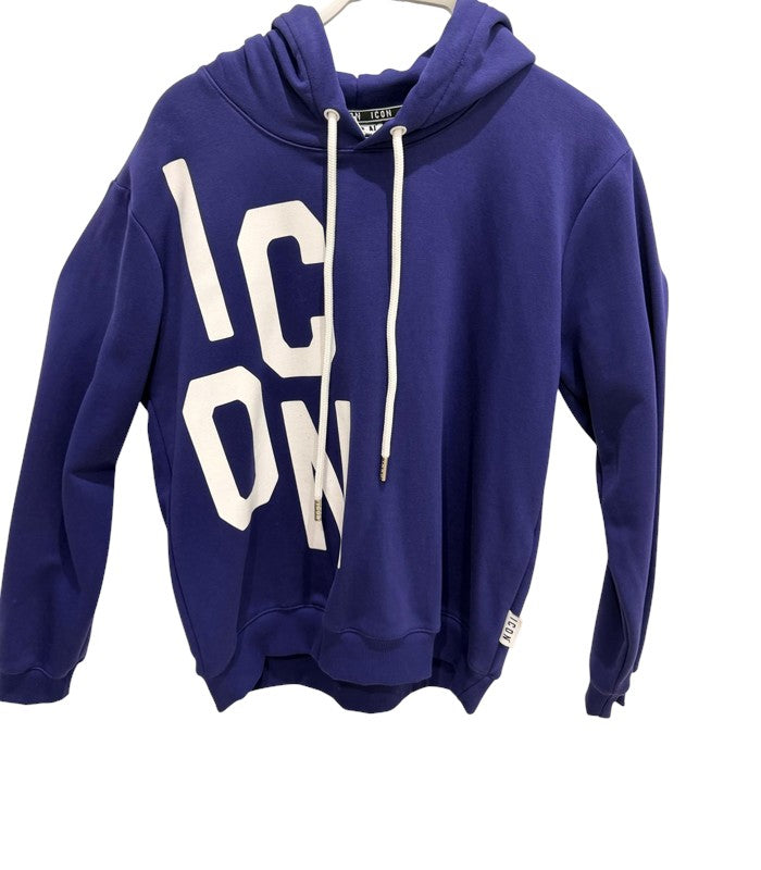 FELPA VIOLA CON CAPPUCCIO E GRANDE SCRITTA "ICON" BIANCA VERTICALE