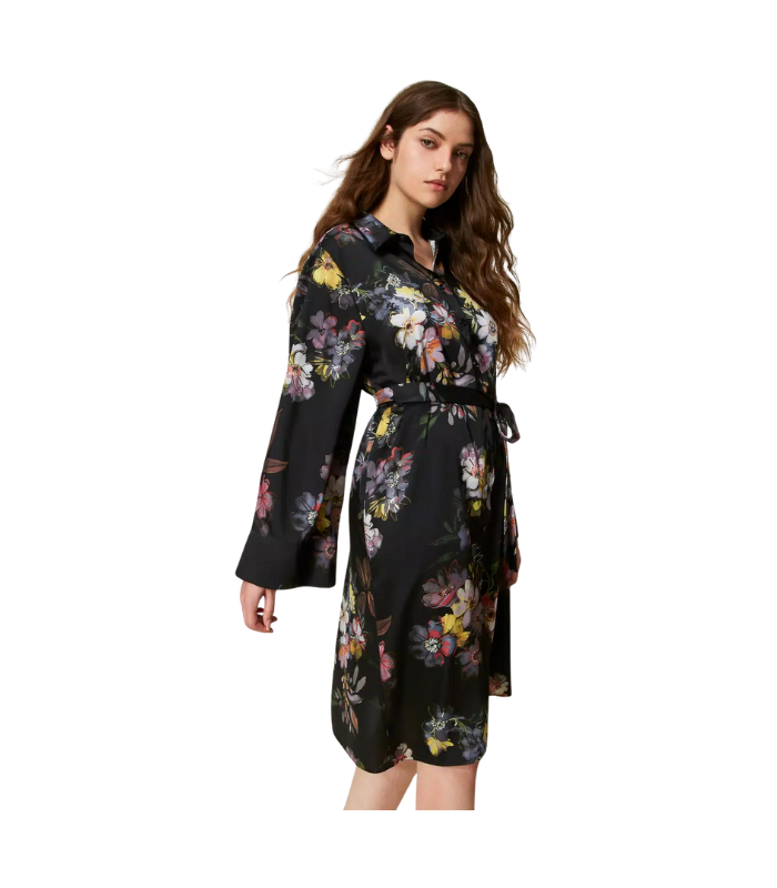 Abito corto chemisier in twill a fiori Twinset