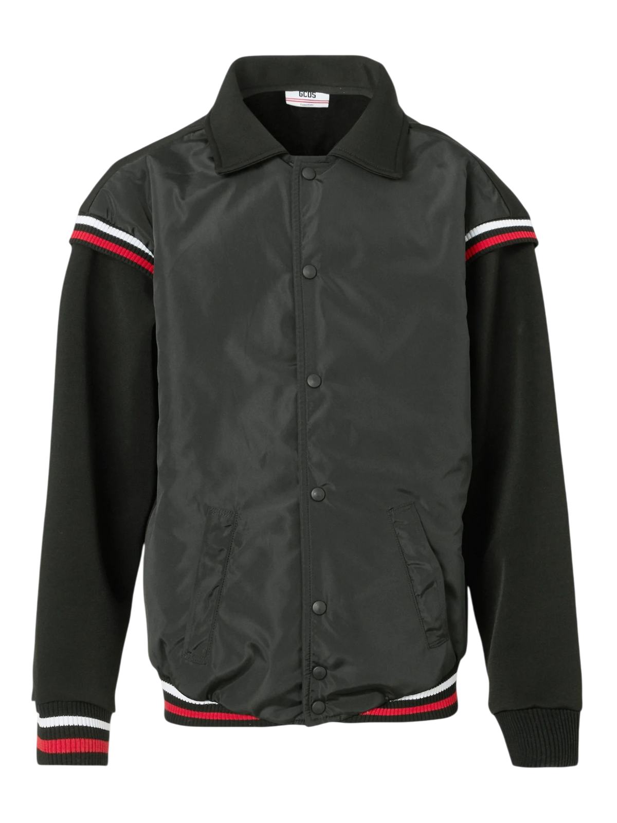 Bomber GCDS Logo Lounge Varsity Nero con Dettagli a Costine Tricolore e Colletto Classico
