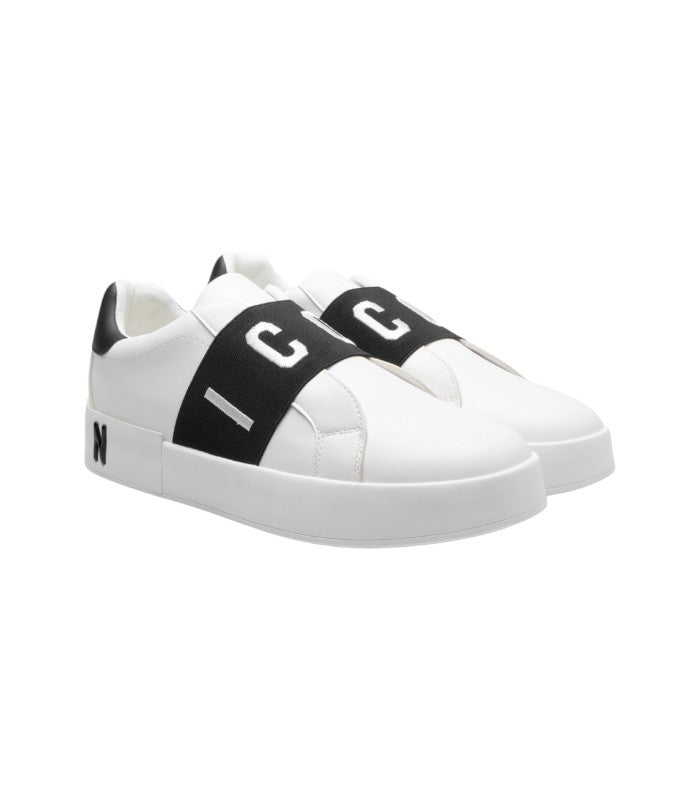 Sneakers Icon Uomo Slip-On Bianche in Pelle con Fascia Elastica Nera