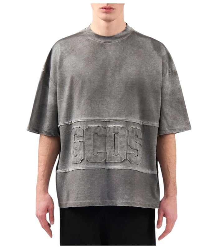 T-SHIRT GCDS GRIGIA LAVATO CON LOGO IN RILIEVO E TAGLIO OVERSIZE