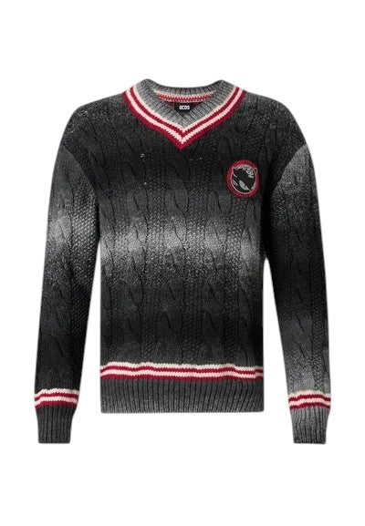 Maglione GCDS Kittho Patch Braids - Pullover Degradé a Trecce con Scollo a V e Dettagli College